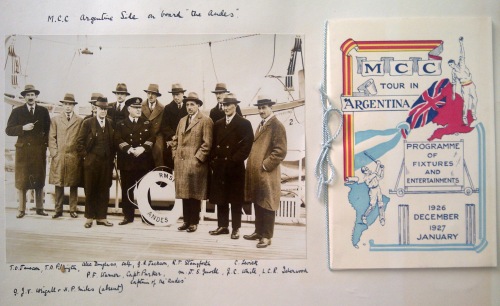 The MCC team about to set off on their long voyage to South America and a programe from their 1926 tour to Argentina.  From Gubby Allen's scrap book, now held in the MCC archive.